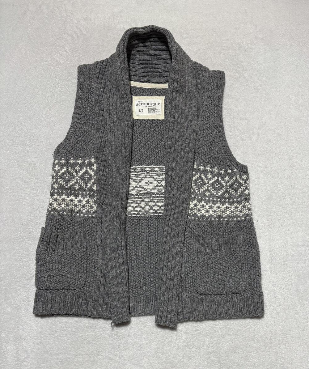 Aeropostale Sweater Vest Womens Large Gray Shawl Collar Open Front Fair Isle